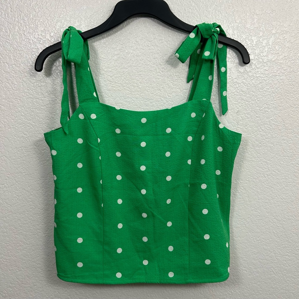 Old Navy Smocked Polka Dot Tie Shoulder Top Kelly Green Dobby Corset St Patrick - Picture 2 of 8